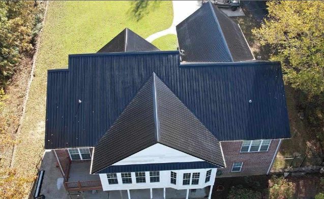 Aerial view of a black metal roof
