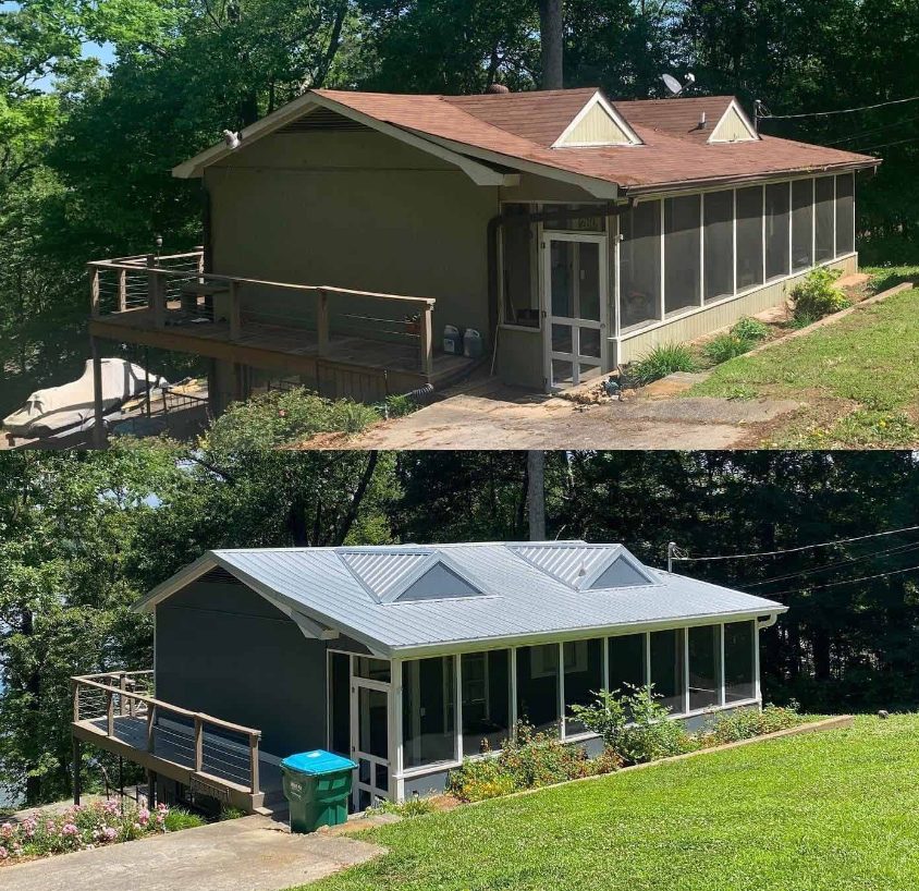 Before and after of a home re-roofed in slate gray
